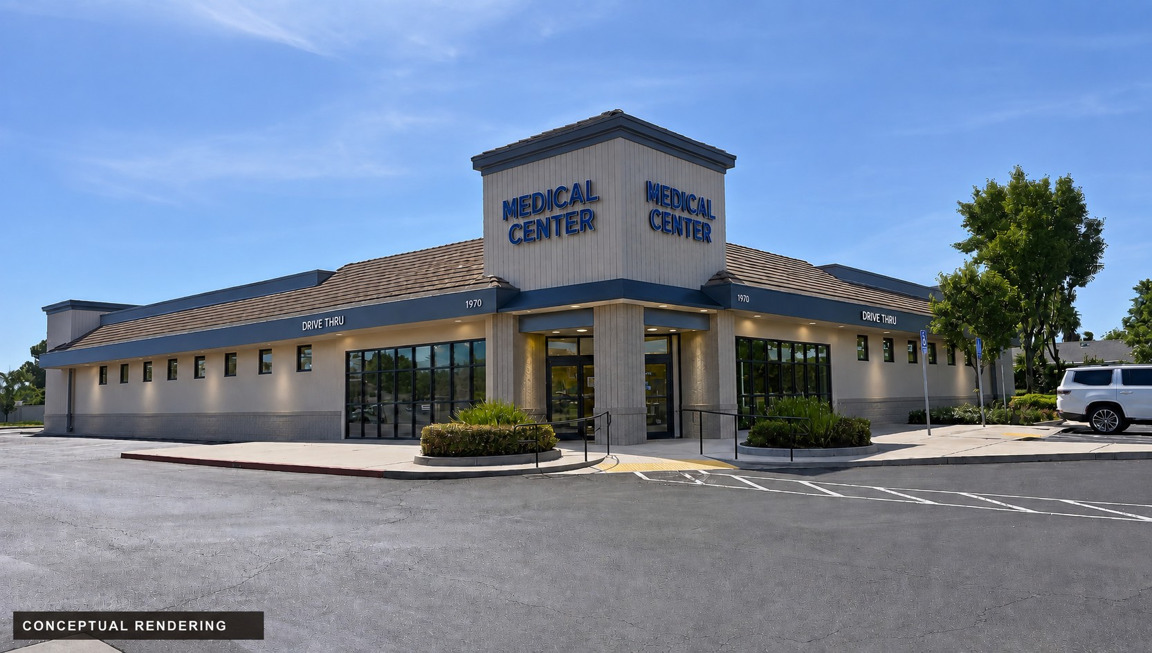 Conceptual exterior rendering of 1970 W Grant Line Road with Medical Center signage